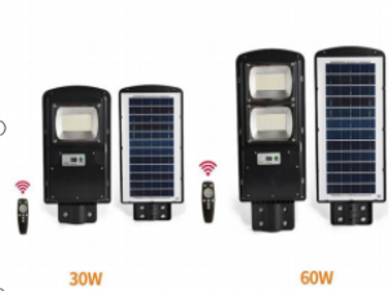 Napelemes utcai lámpa 30W, 8000K, műanyagház, távirányítóval